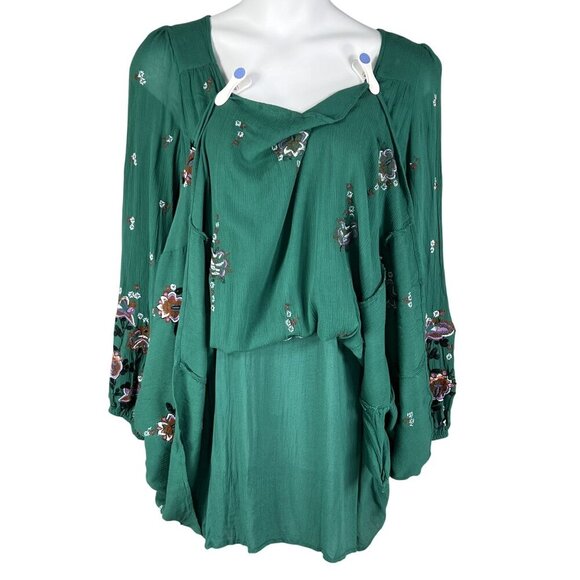 Free People Womens L Green Gauzy Dress Embroidered Boho Hippie Cottagecore Flowy - Picture 8 of 16